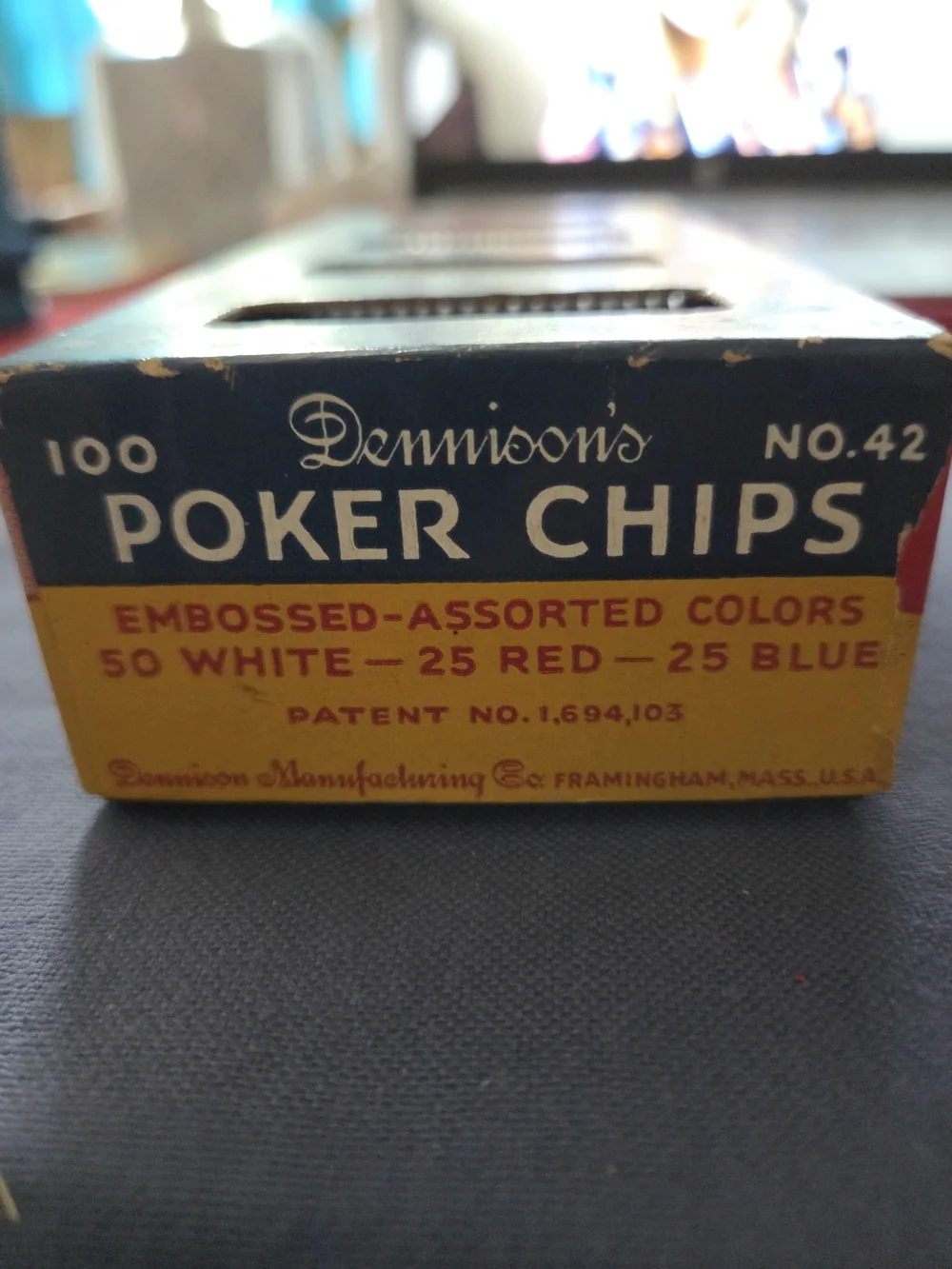 Vintage Dennison's No. 42 Poker Chips Set 100 + 3 Count Original Box, Red, Blue